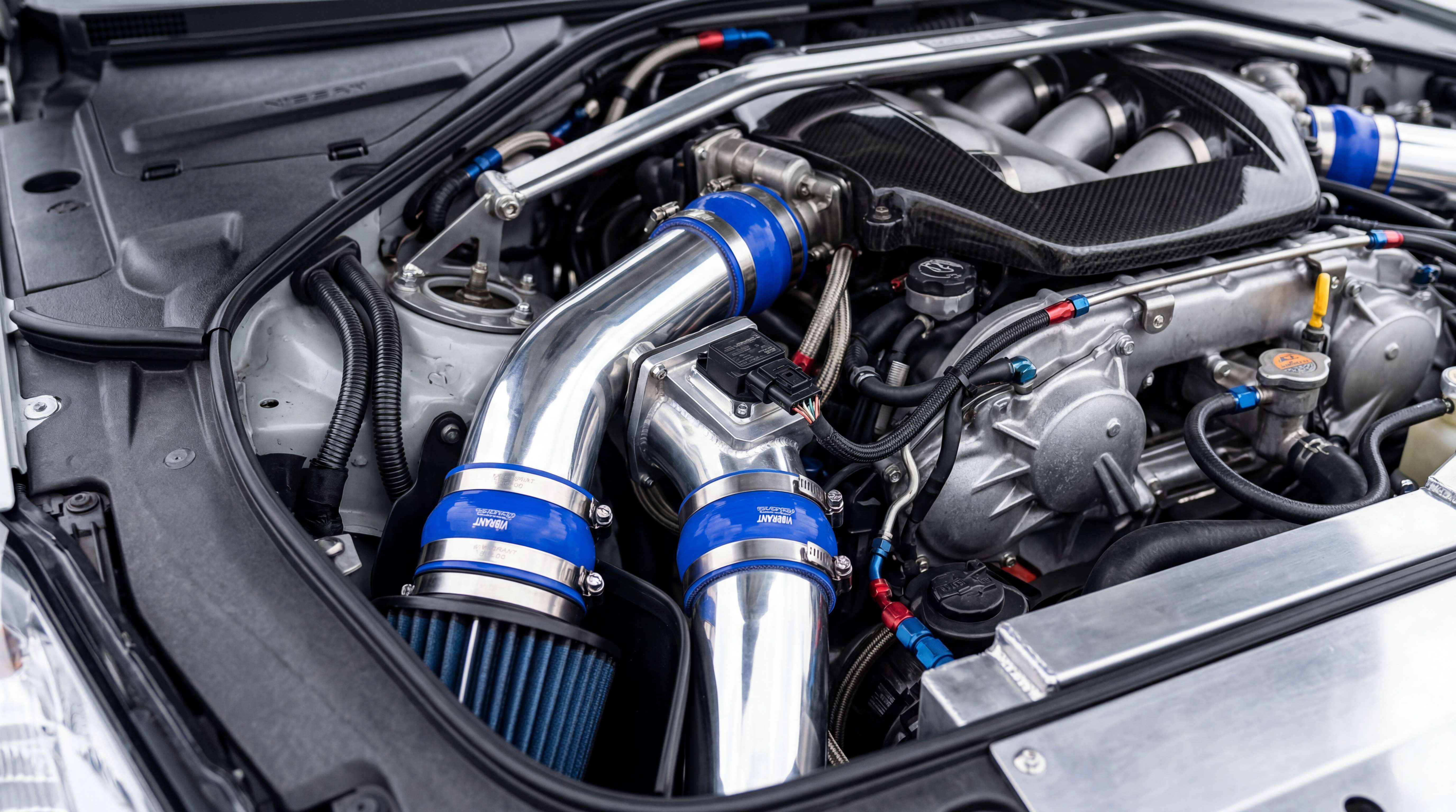 Vehicle-specific intake kit installed with polished aluminum pipes, blue silicone couplers, clamps and tight engine bay clearance